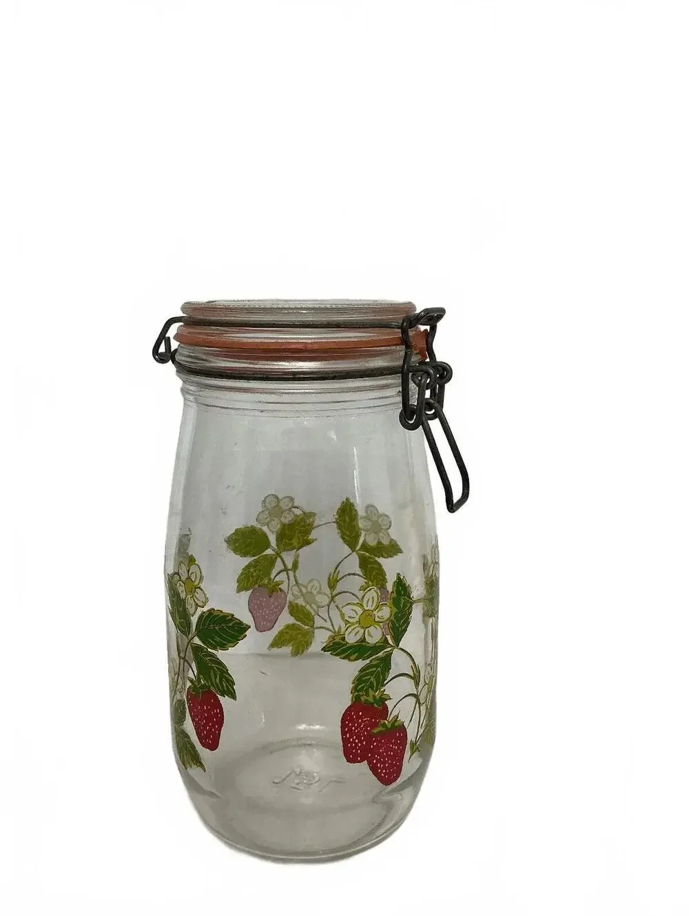 Vintage ARC France 1.5L Strawberry Glass Clamp Lid Storage Jar Kitchen Canister